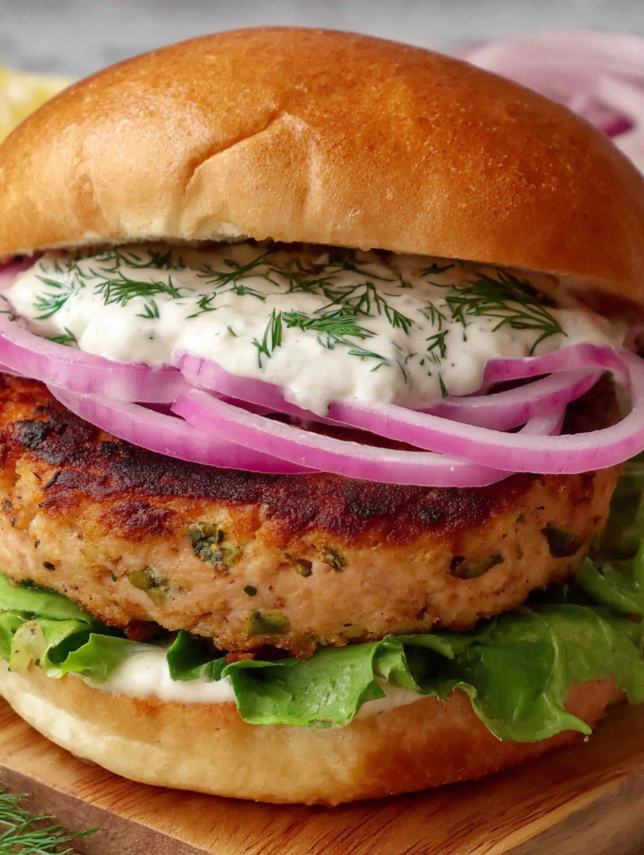 A salmon burger with a lemon dill mayo.