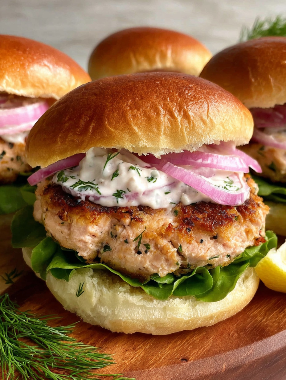 A close up of a salmon burger with a lemon dill mayo.