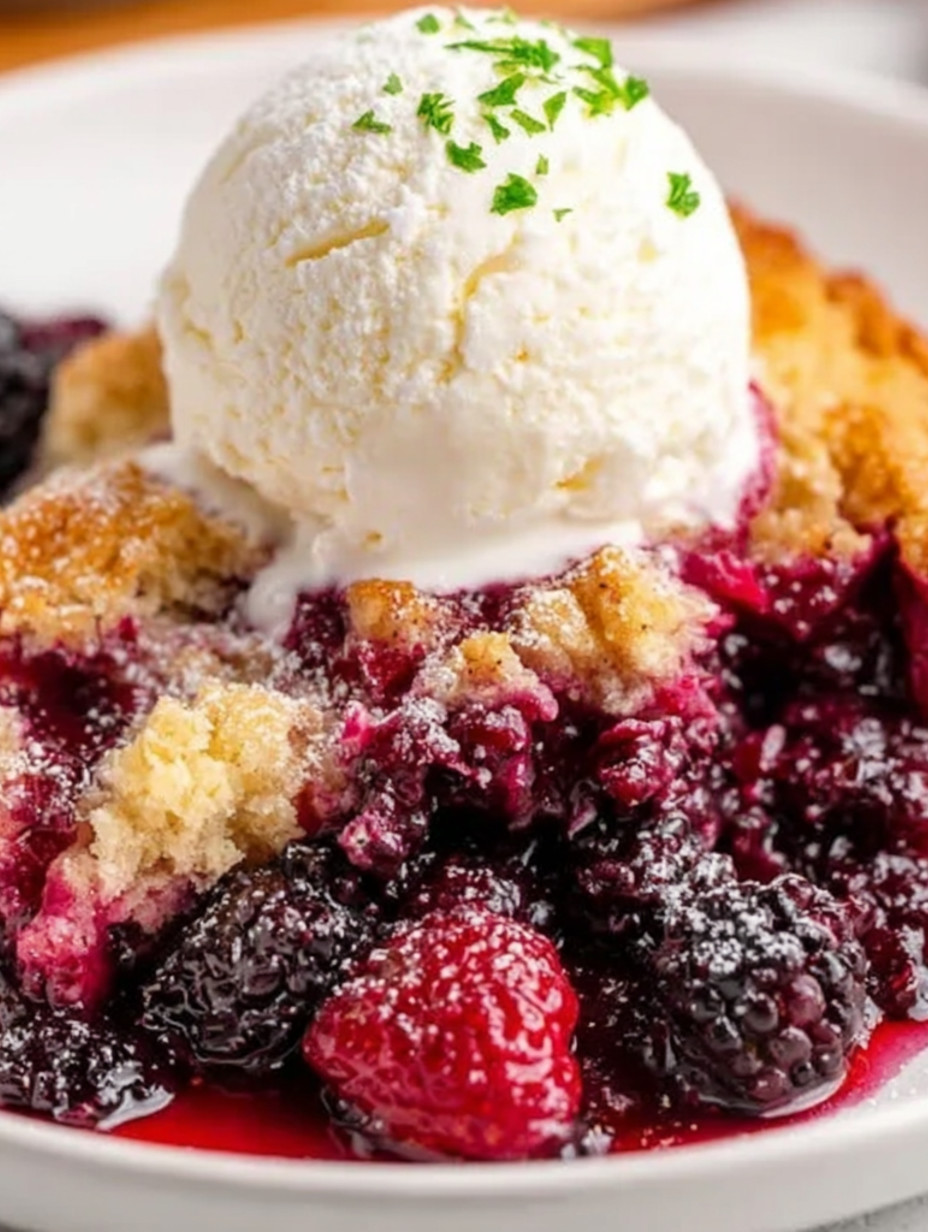 A scoop of ice cream on top of a berry cobbler.