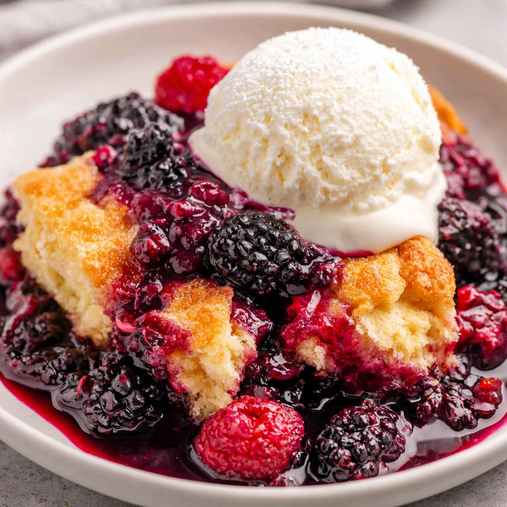 A bowl of berry cobbler with a scoop of ice cream on top.