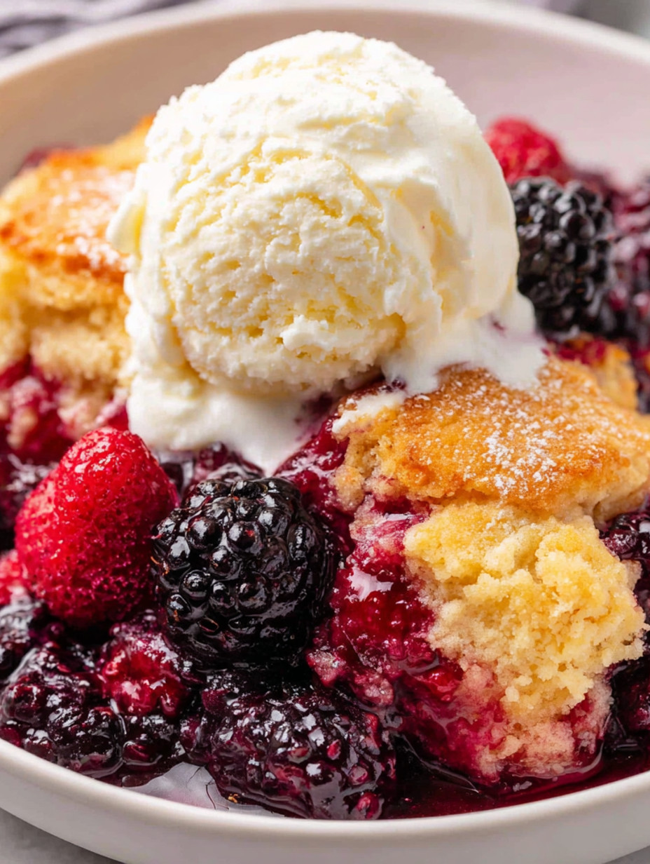 A berry cobbler with a scoop of ice cream on top.