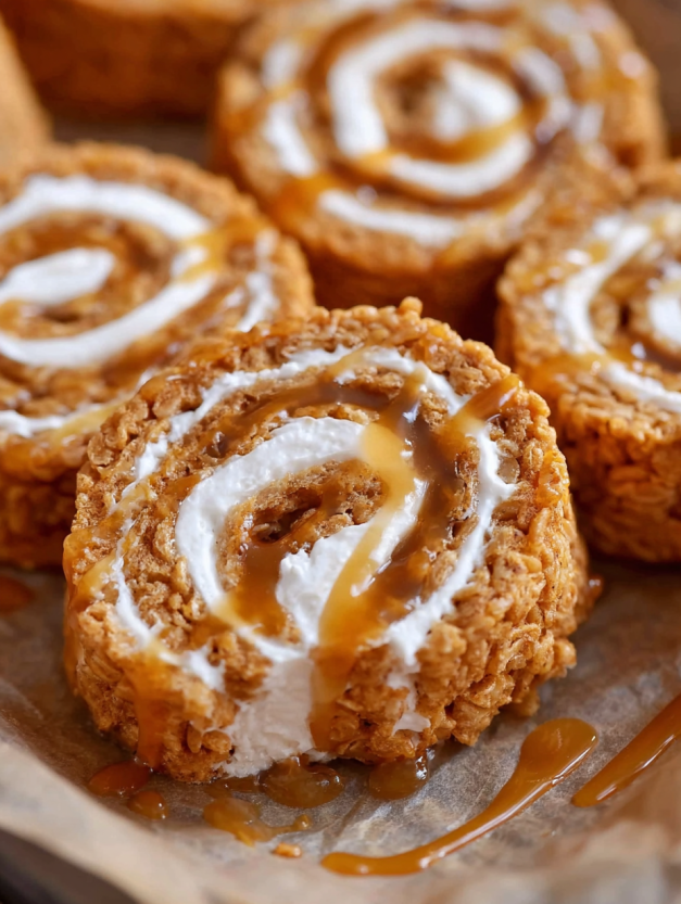 A plate of rice krispies treats with caramel and pumpkin spice.
