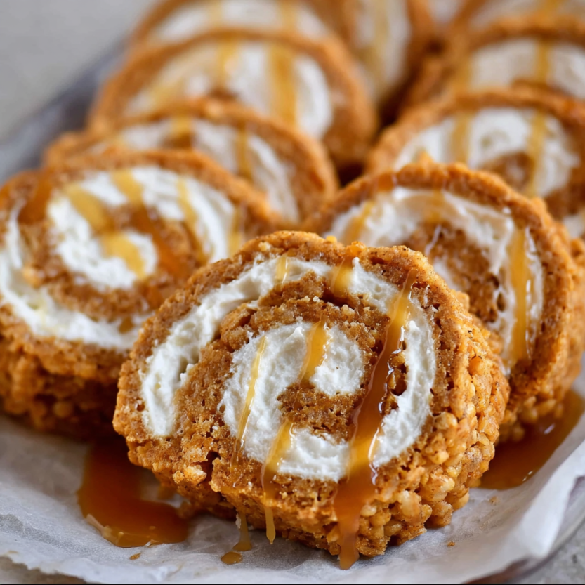 A plate of rice krispies treats with caramel and pumpkin spice.