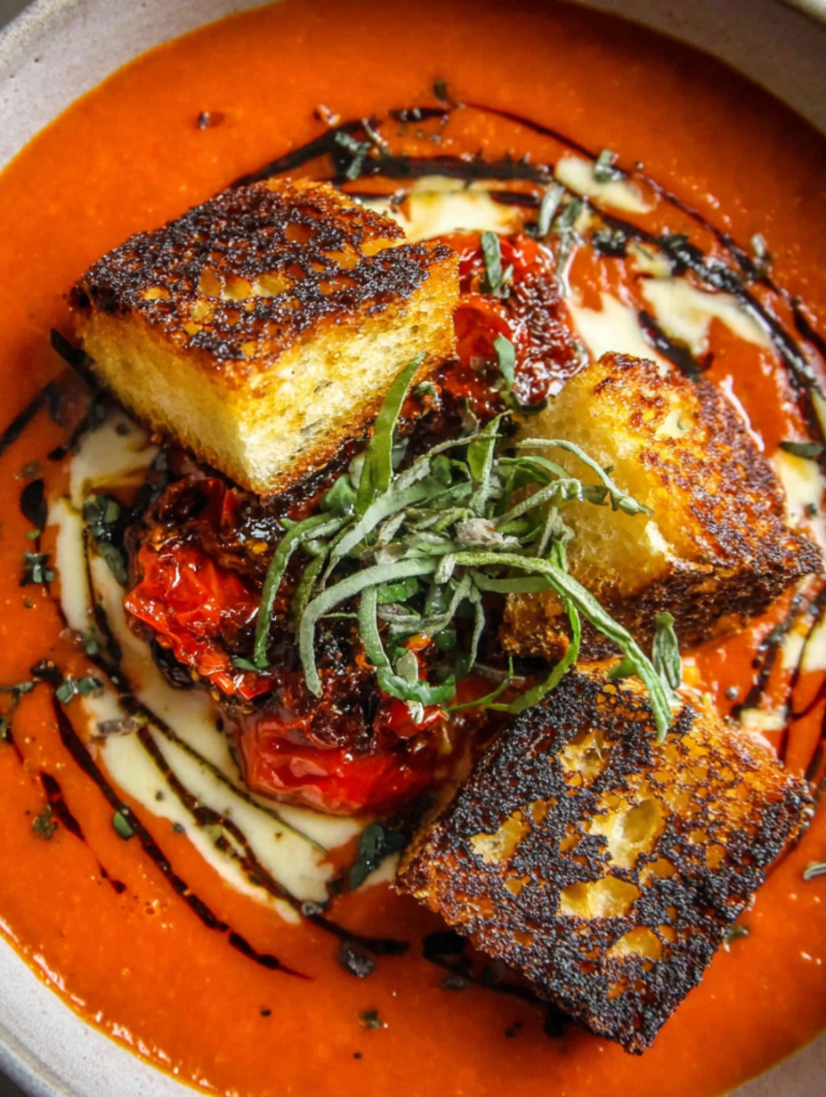 A bowl of Calabrian chili tomato soup with toast.
