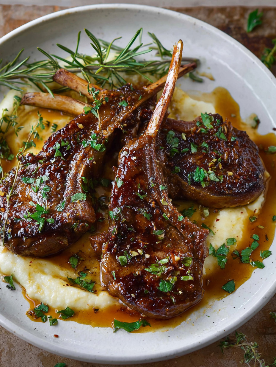 Lamb chops with honey garlic butter on a plate.