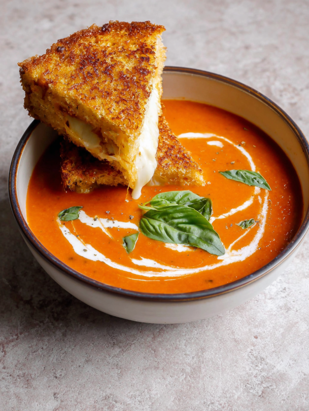 A bowl of soup with a piece of bread in it.