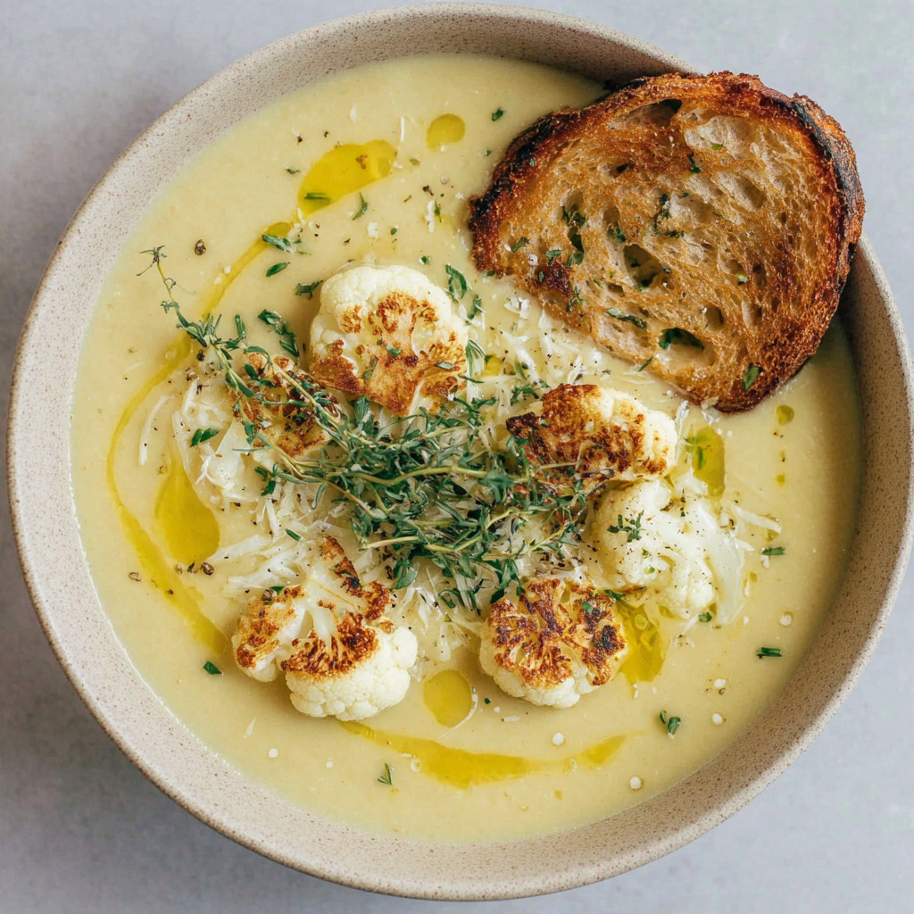 A bowl of cauliflower soup with a piece of bread on top.