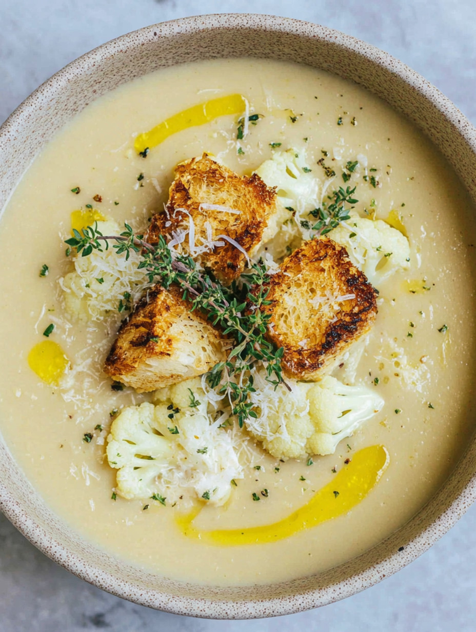 A bowl of cauliflower soup with cheese and herbs.