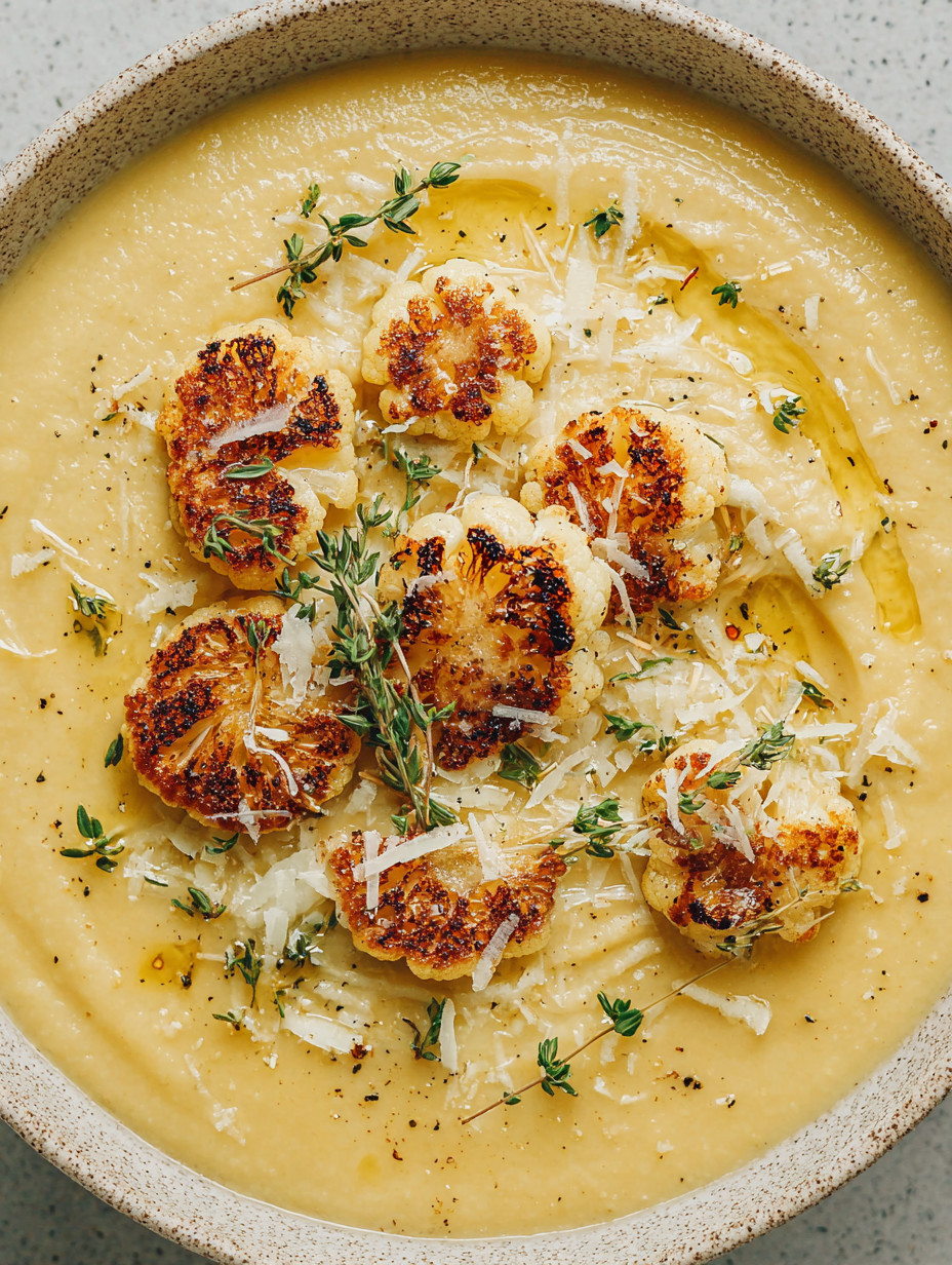A bowl of cauliflower soup with cheese on top.