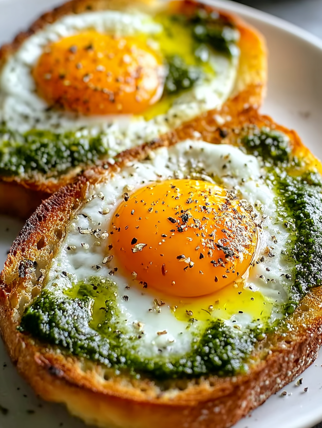 Two pieces of bread with eggs in them.