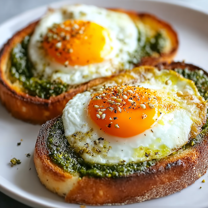 Two fried eggs with pesto and crispy toppings on a white plate.