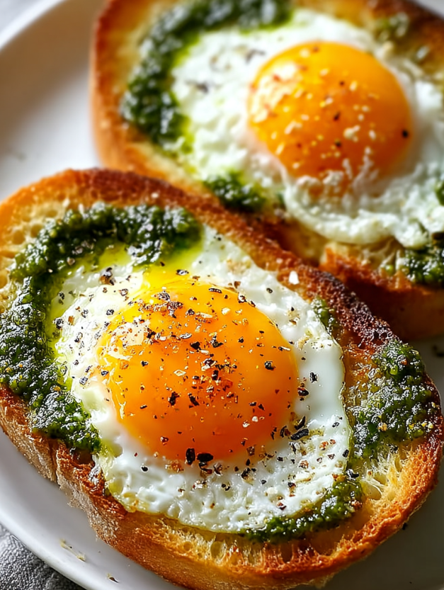 Two pieces of toast with eggs and pesto.