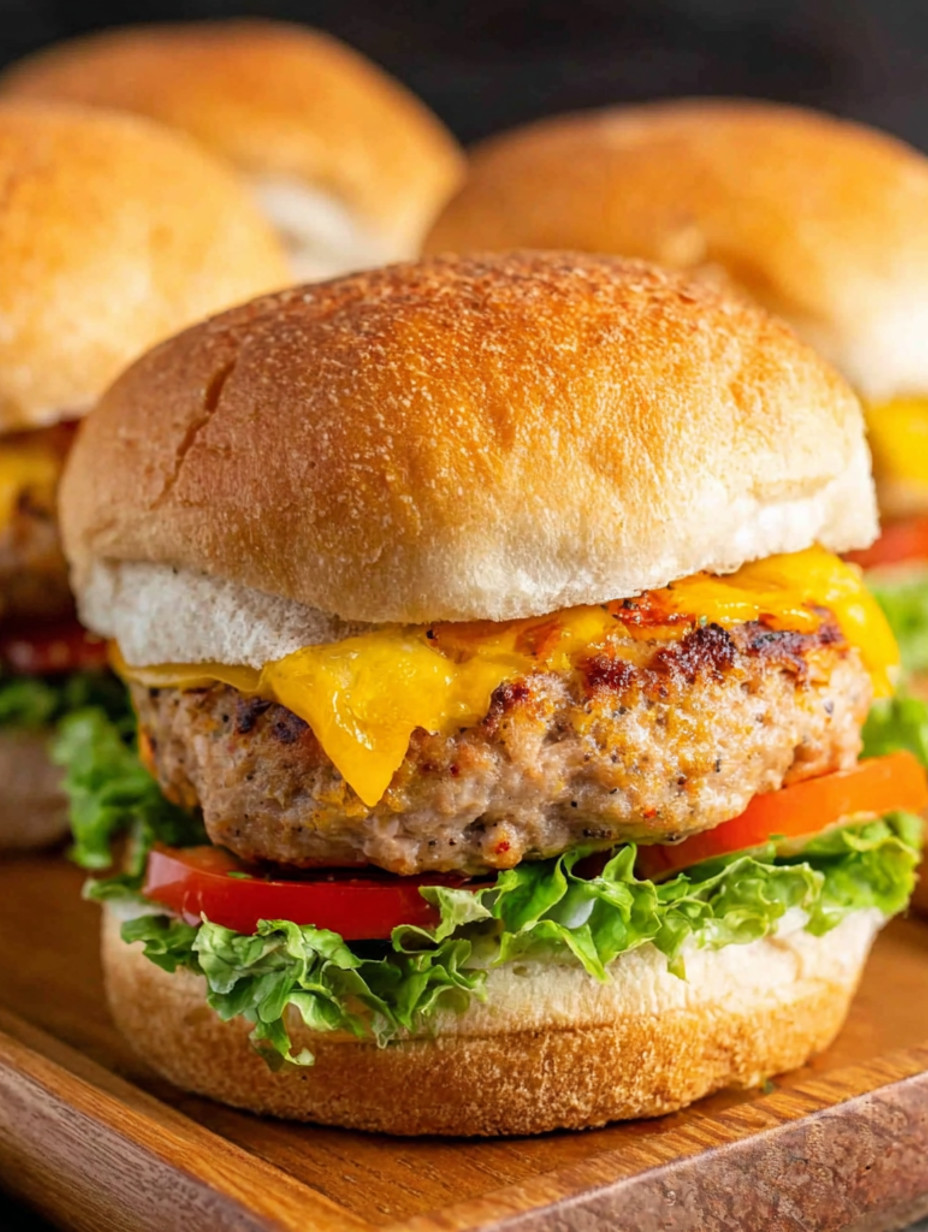 A juicy ground turkey burger with lettuce and tomato.