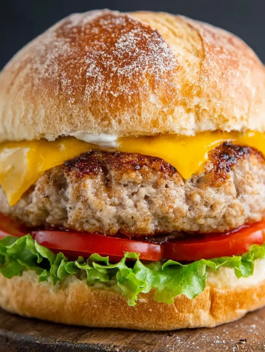 A juicy ground turkey burger with lettuce and tomato.