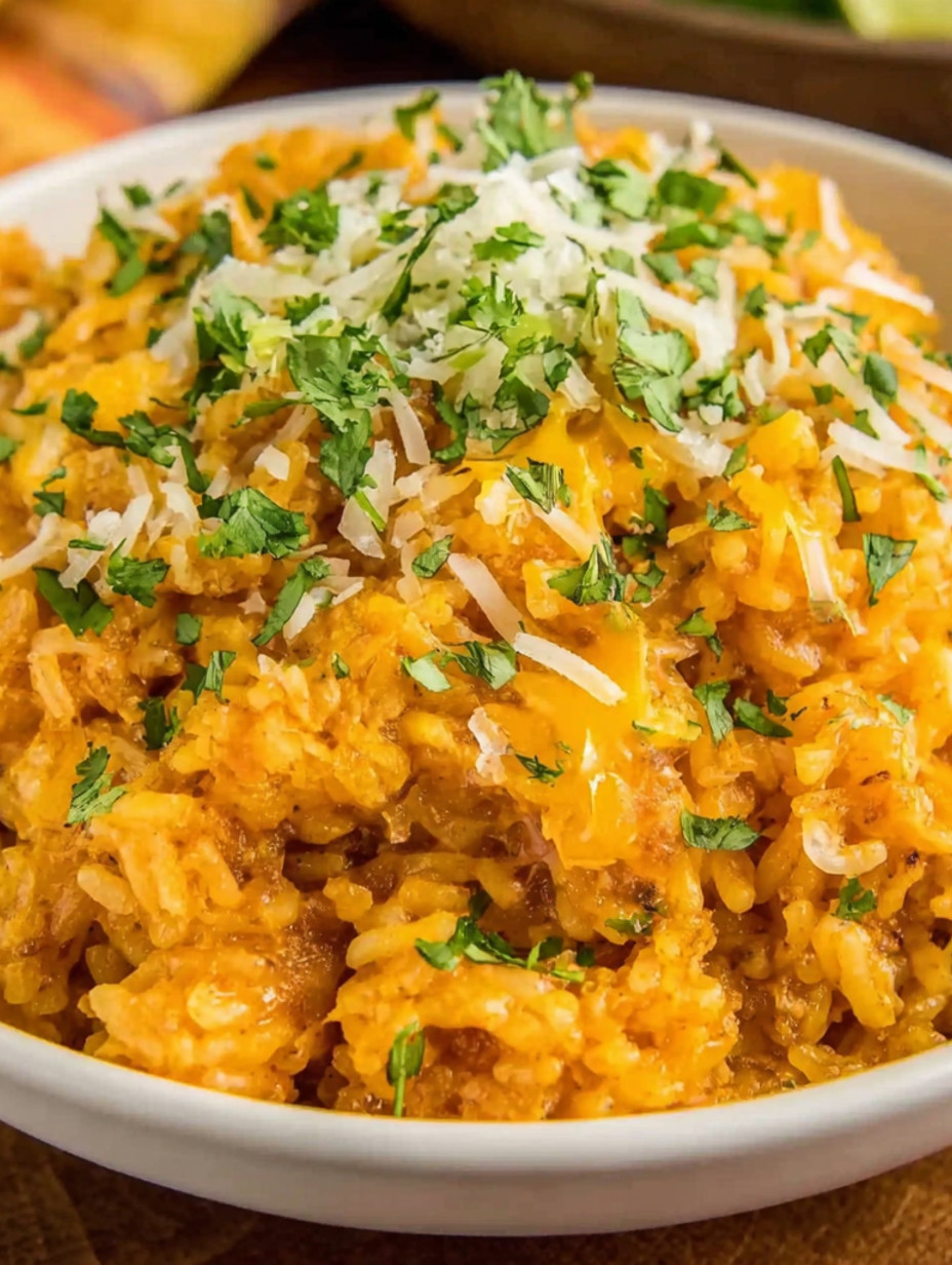 A bowl of cheesy Mexican rice.