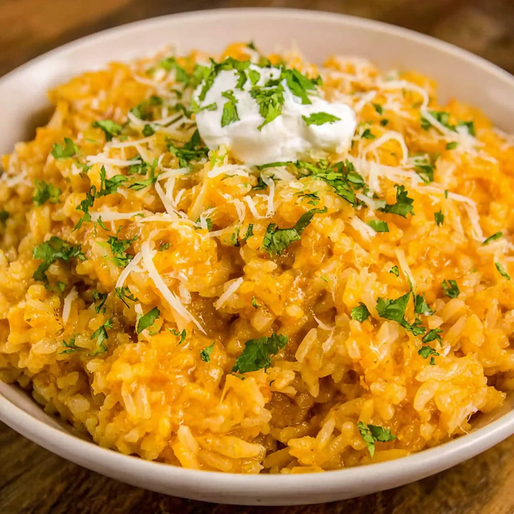A bowl of cheesy Mexican rice.