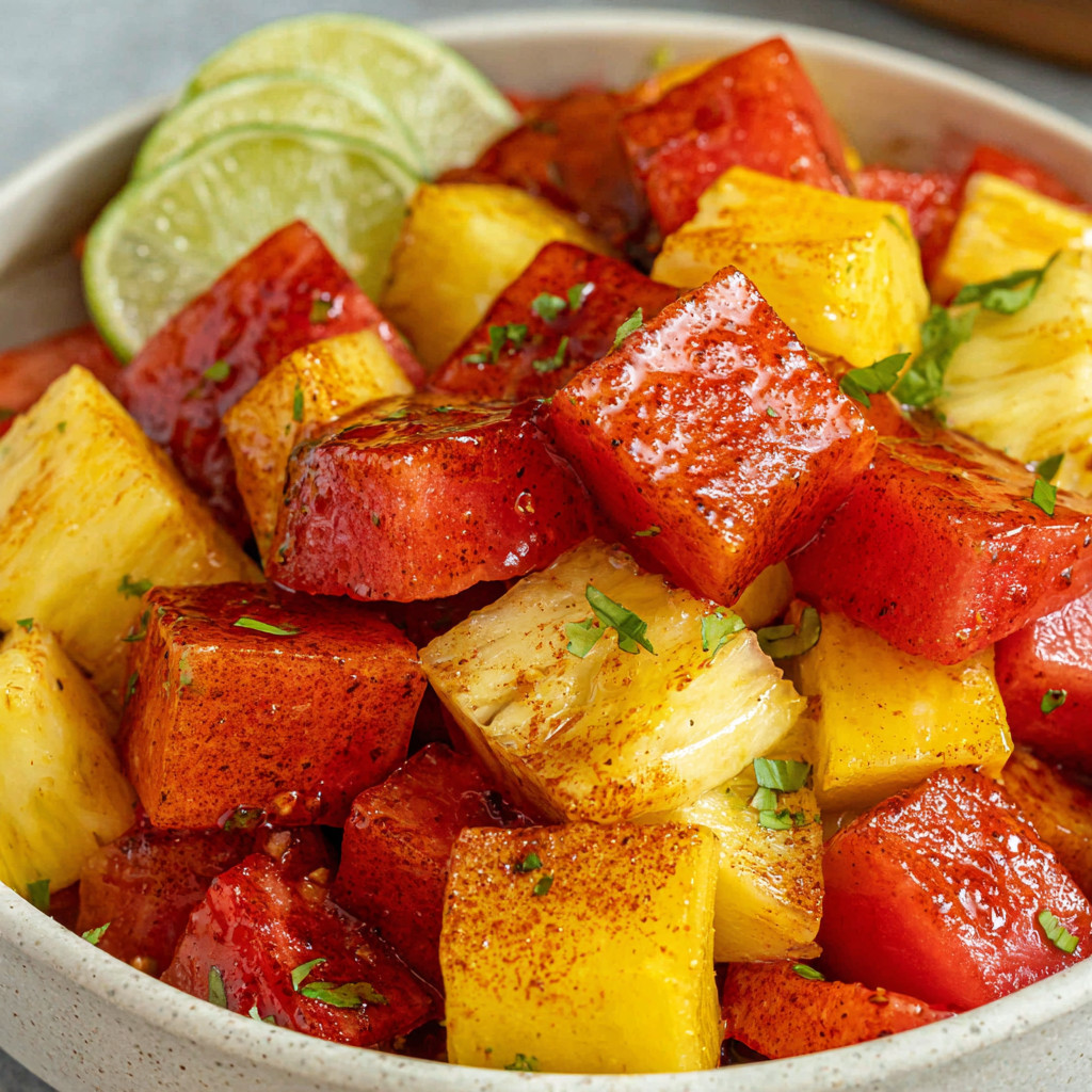 A bowl of fruit salad with lime and chamoy.