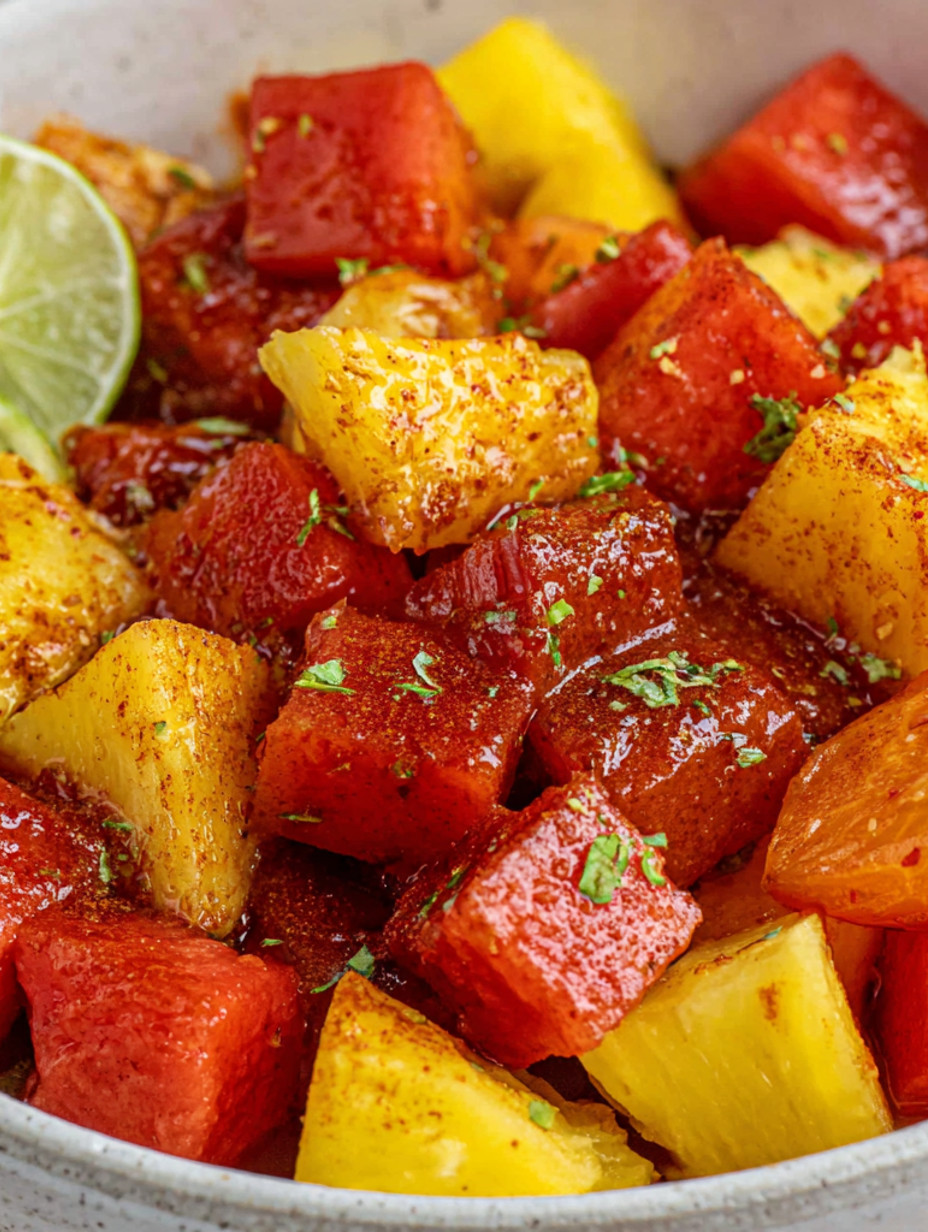 A close up of a fruit salad with pineapple, lime, and other fruits.