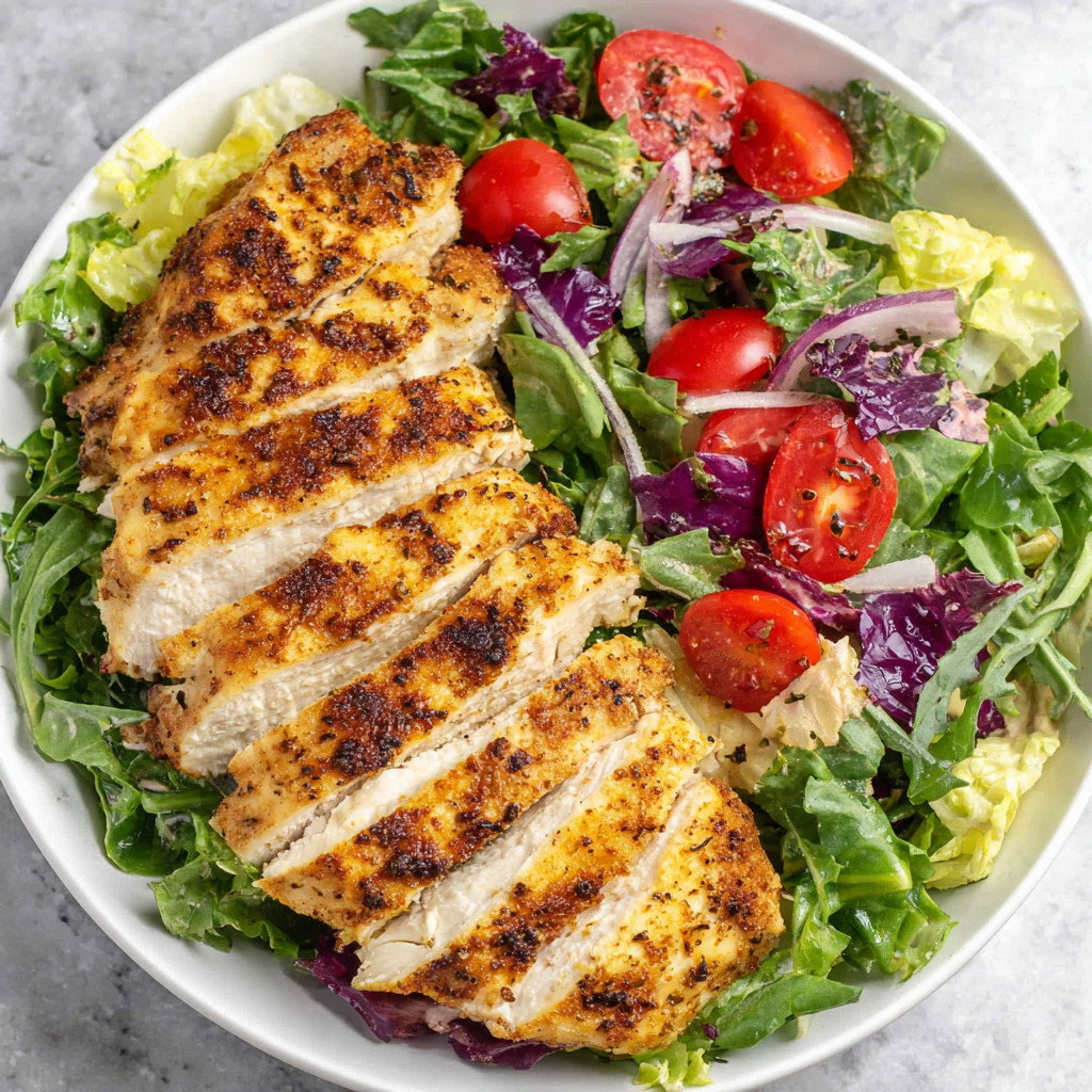 A plate of food with chicken breast and salad.