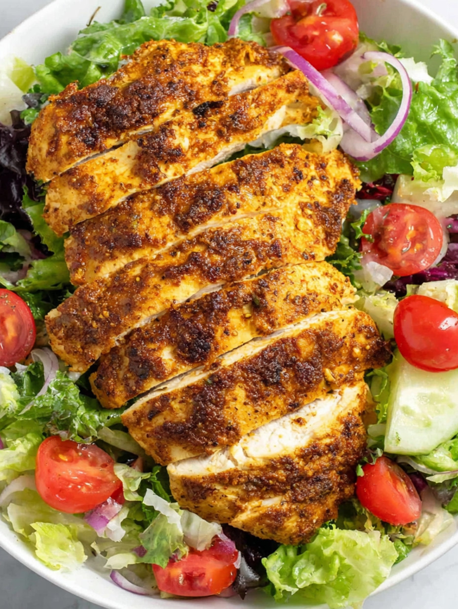 A piece of chicken breast on a salad.