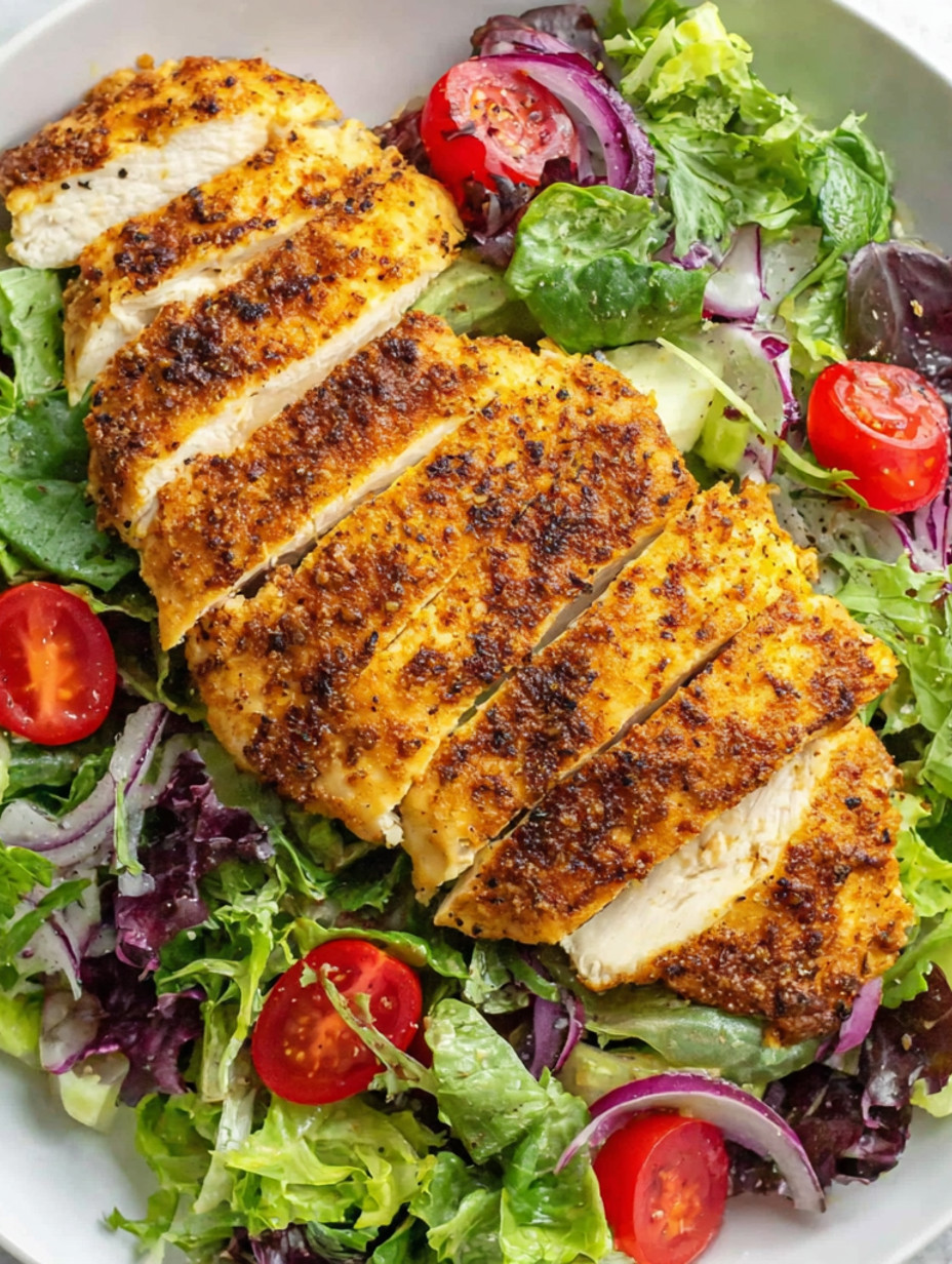 A piece of chicken breast on a salad.