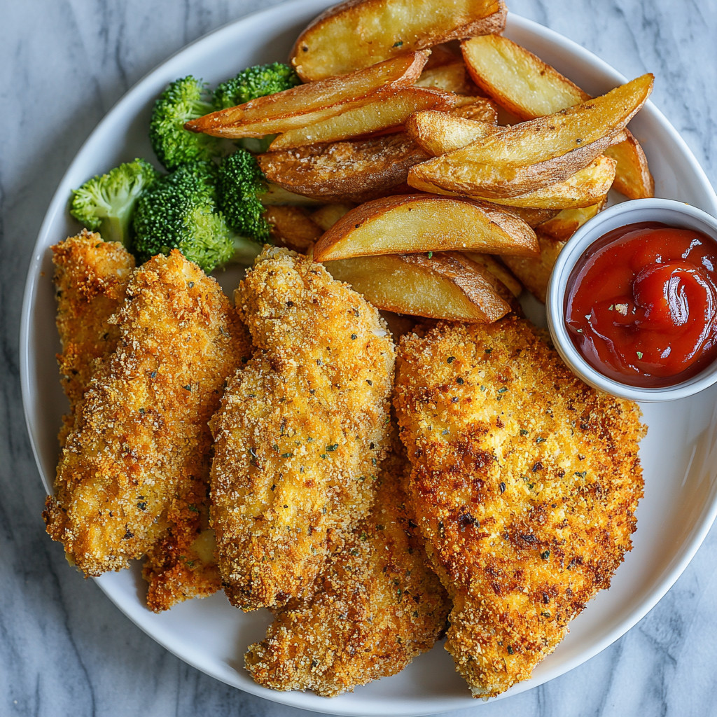 A plate of chicken with fries and broccoli.