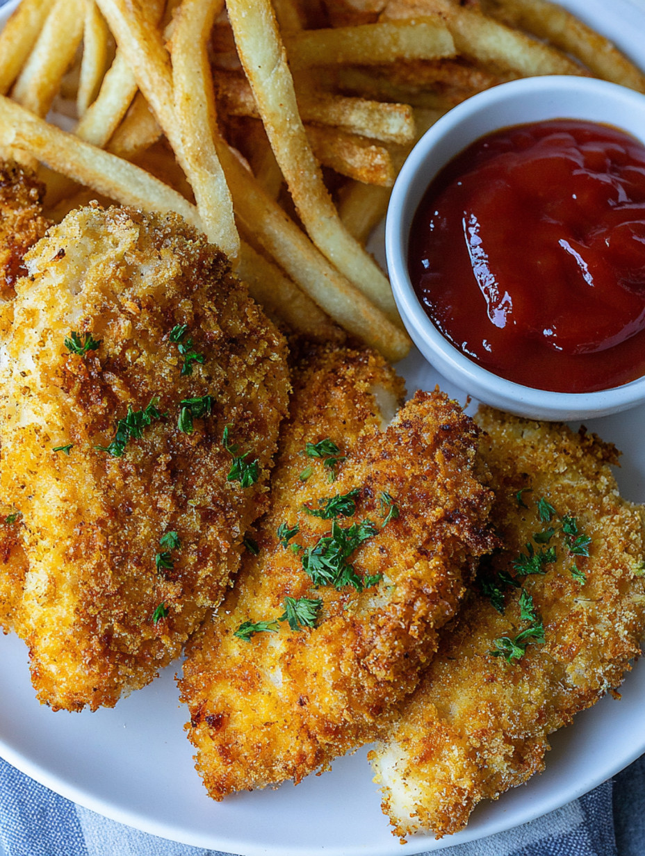 Air fryer shake n' bake chicken with fries and ketchup.