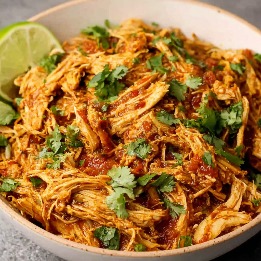 A bowl of shredded chicken with tomatoes and limes.