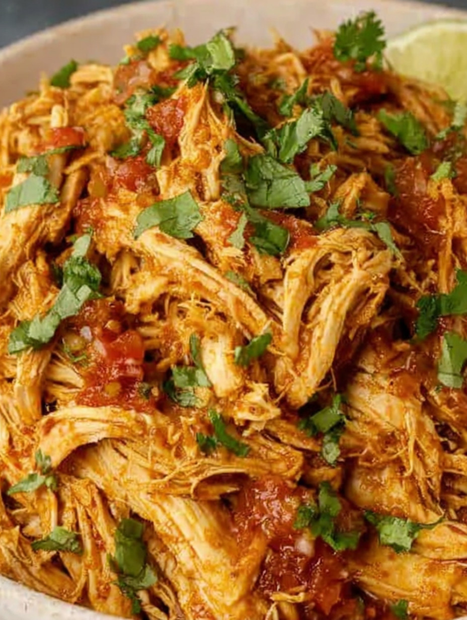 A close up of a crockpot filled with Mexican shredded chicken.