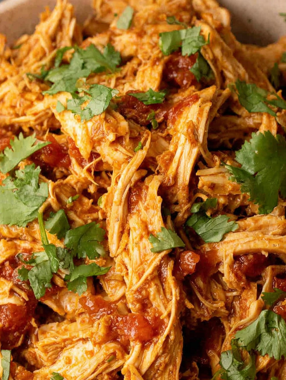 A close up of a crockpot filled with Mexican shredded chicken.