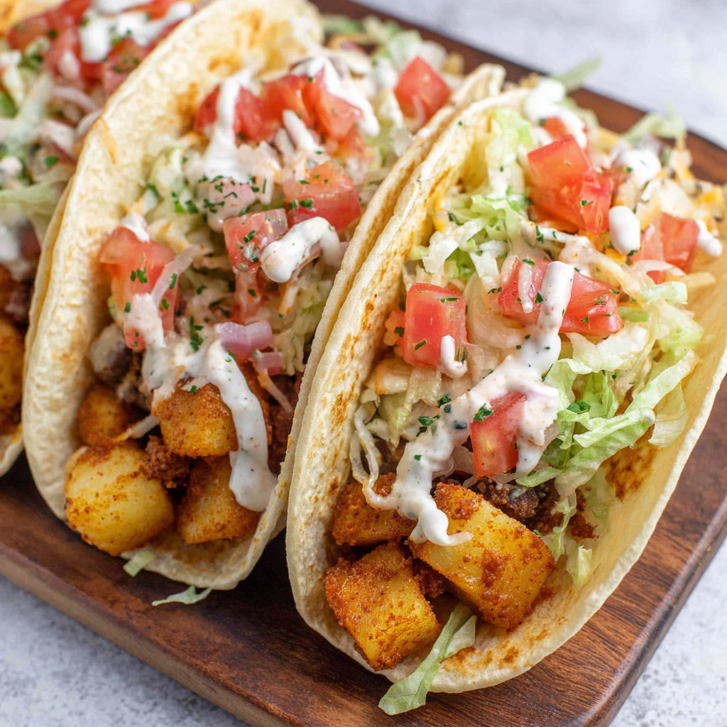 Two spicy potato soft tacos with tomatoes and lettuce.