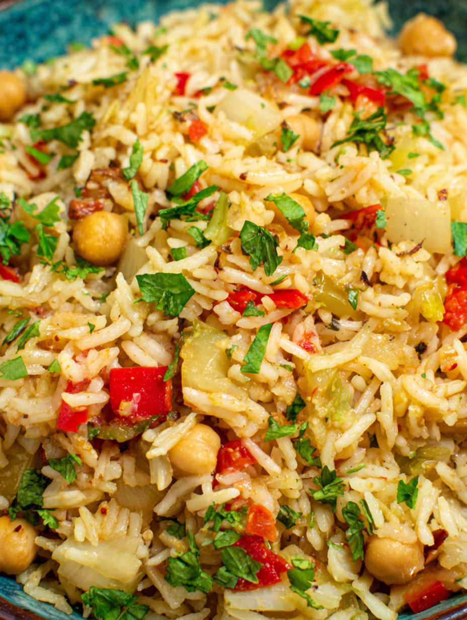 A close up of a rice dish with chickpeas and vegetables.