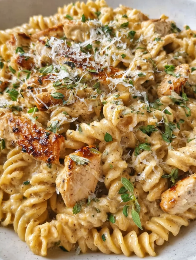 A creamy rotini chicken pasta dish.