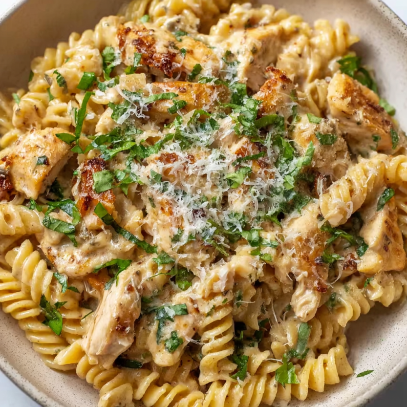 A bowl of creamy rotini chicken pasta.