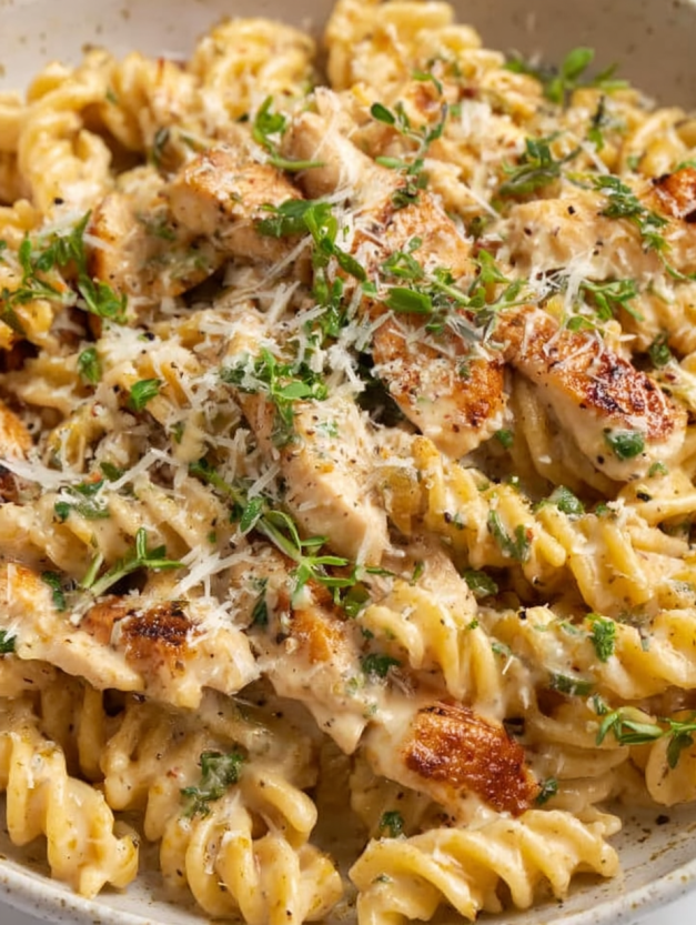 A creamy rotini chicken pasta dish.