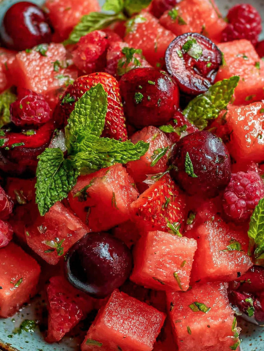 A close up of a watermelon lime mint salad.