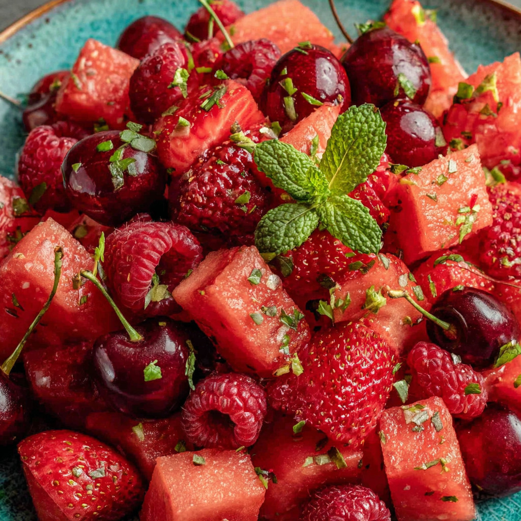 A salad of watermelon, lime, mint and cherries.