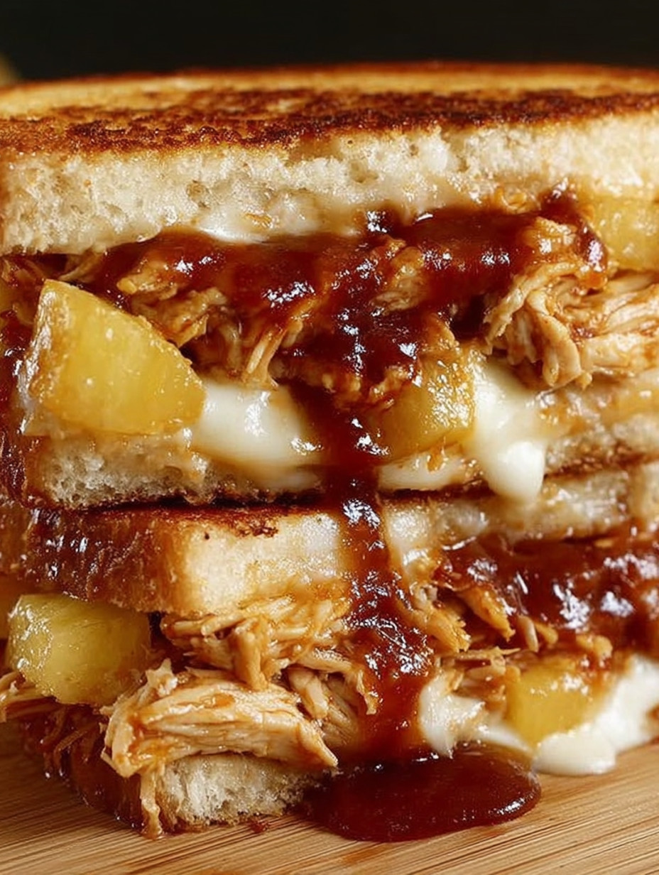 A sandwich with BBQ chicken and pineapple.