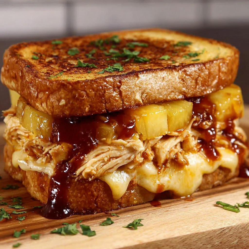 A grilled cheese sandwich with BBQ chicken and pineapple.