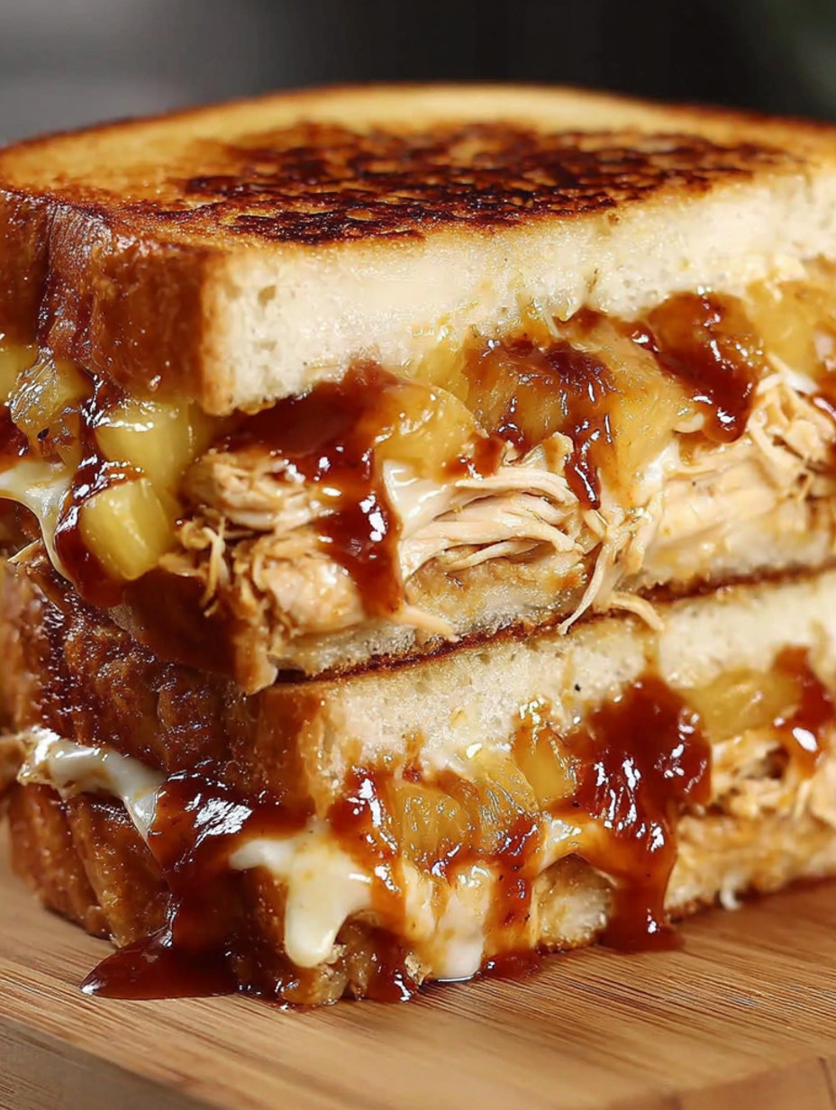 A sandwich with BBQ chicken and pineapple on top.