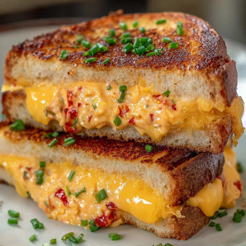 A grilled cheese sandwich with pimento.