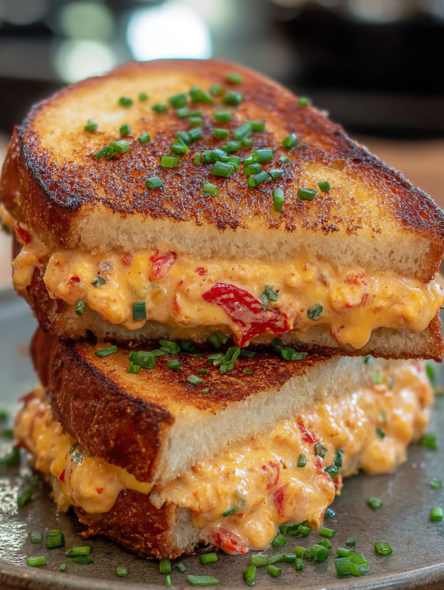 A grilled cheese sandwich with pimento and red peppers.
