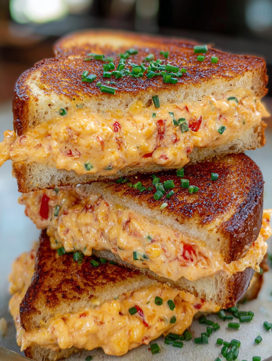 Three grilled cheese sandwiches with pimento.