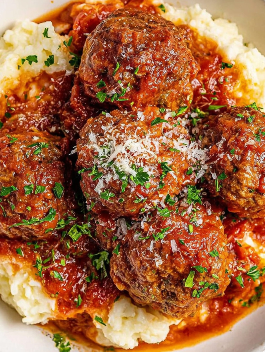 A plate of meatballs with sauce and cheese.