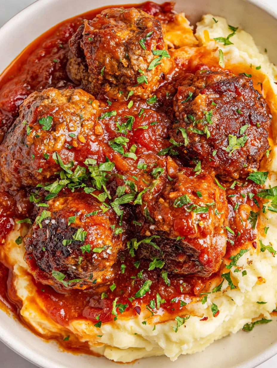 A plate of meatballs with green herbs on top.