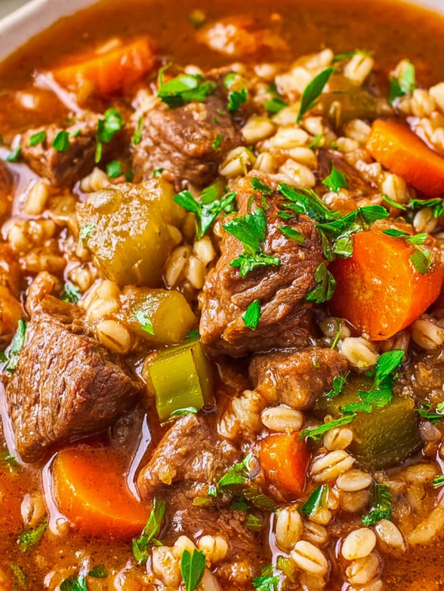 A bowl of beef barley soup with vegetables.