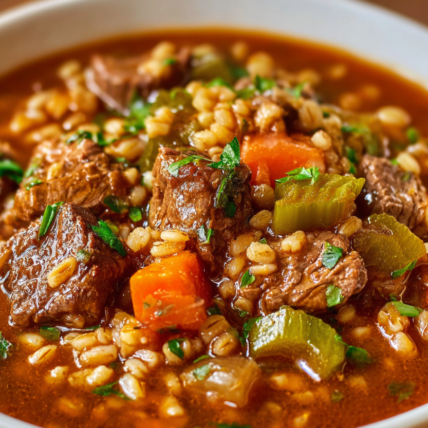 A bowl of beef barley soup.
