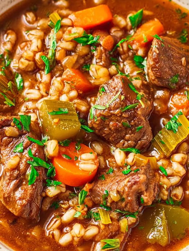 A close up of a beef barley soup.