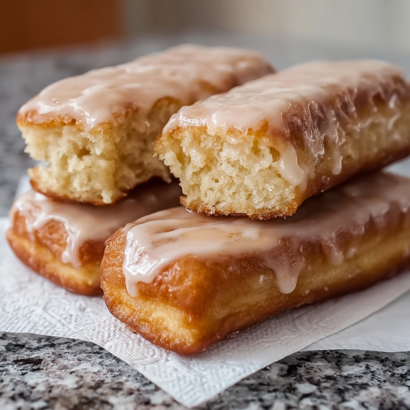 Two maple donut bars stacked on a napkin.