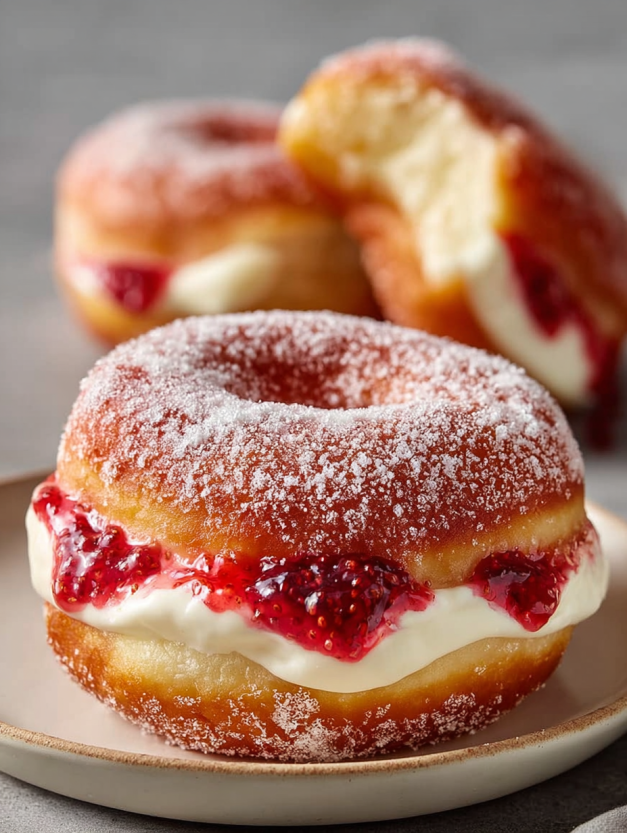 A delicious strawberry cheesecake donut.